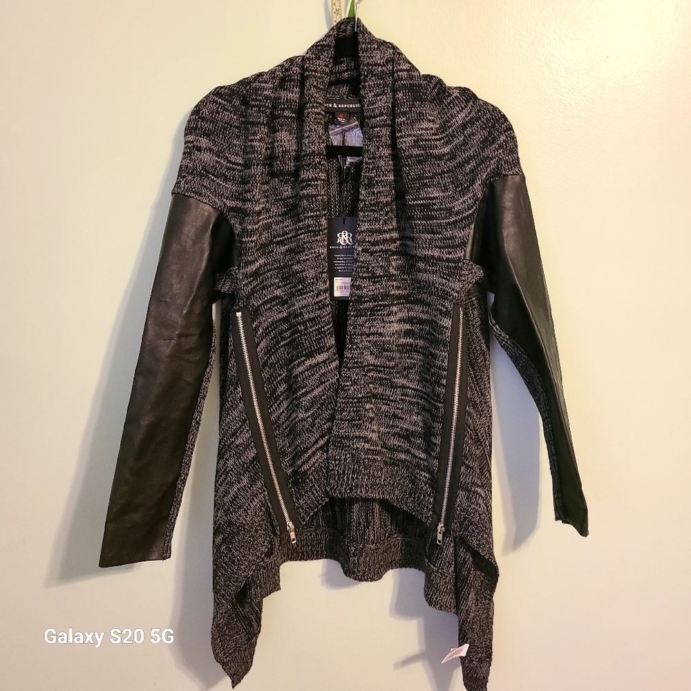 ROCK & REPUBLIC  SWEATER  with zippers and leather  on sleeves  size Medium.